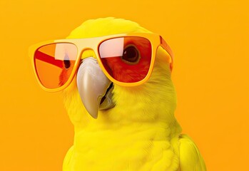 Parrot. Bird with glasses. Close-up portrait of a parrot. Anthopomorphic creature. A fictional character for advertising and marketing. Humorous character for graphic design.