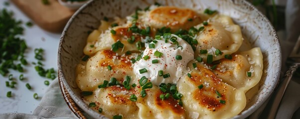 Medium shot of a bowl of Polish pierogi, served with sour cream and a sprinkle of green onions