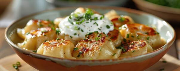 Medium shot of a bowl of Polish pierogi, served with sour cream and a sprinkle of green onions