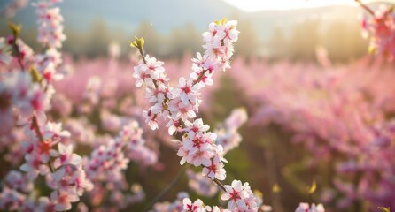 Rural orchard in full bloom, with rows of fruit trees covered in pink and white blossoms, promising the bounty of harvest.