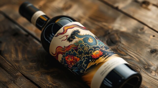 Commercial advertisement, a bottle of white wine with a label design inspired by a colorful dragon