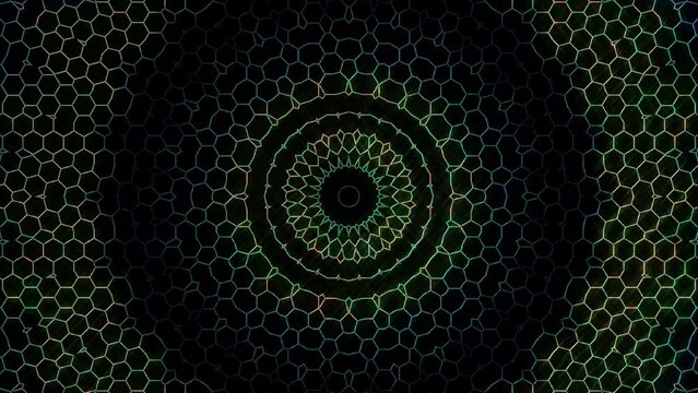 Kaleidoscope pattern with full colors. Magic mandala. 4k 3D Animated digital abstract. Colorful curved and circular lines on black background, seamless loop