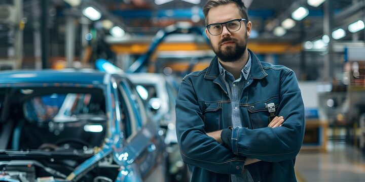 Supervising the assembly of robot-operated cars in a bustling automotive plant. Concept Robot Assembly, Automotive Industry, Industrial Automation, Manufacturing Efficiency, Supervision