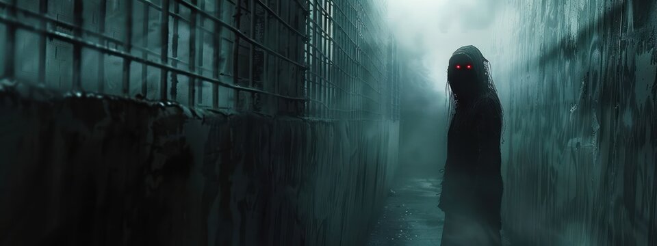 Medium shot of a prisoner pacing like a caged animal, red eyes fixated on a point beyond the walls, yearning for freedom