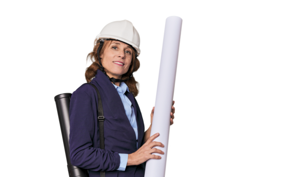 Skilled architect with blueprints and helmet, planning and design focus