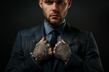 Tattooed businessman in a suit with colorful tattoos on his hands, neck, head and face, symbolizing an unconventional lifestyle.