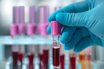 Gloved hand holding a vial of blood, symbolizing medical research and laboratory testing, against a blurred lab background