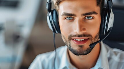 Male customer service dispatch operator. Consultant wearing headphones and with a microphone. Helpline specialist. Active sales manager in the office. Illustration for cover, brochure or presentation.