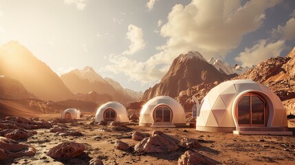 The single-story domed houses are on a rocky surface and have a window with a door. Futuristic scene of colonization of another planet. Unusual mobile homes for tourists in the mountains. Illustration
