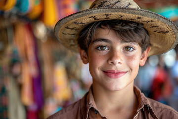 AI-created image of a boy with a bright smile wearing a straw hat, capturing the essence of youthful adventure. Generative AI