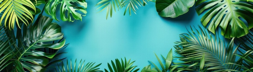 Medium shot of overlapping tropical leaves on a sky-blue background, creating a layered look with space for messaging