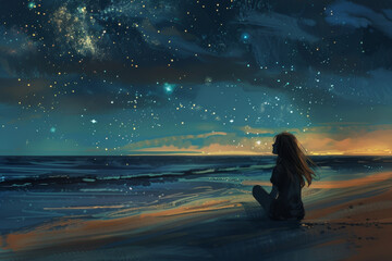 A woman is sitting on the beach at night, looking up at the stars - Powered by Adobe