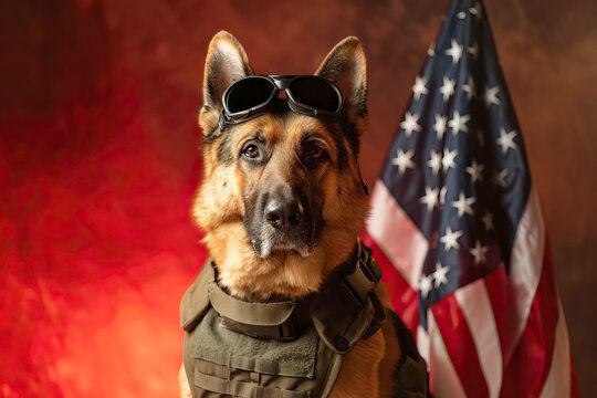 Patriotic German Shepherd with Goggles and Flag. Generative AI image