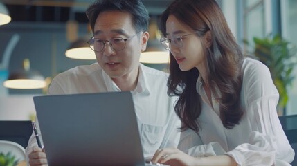 Asian male CEO and Asian female partner are discussing problem solving in the office while looking at laptops. Smart business people in finance work together.