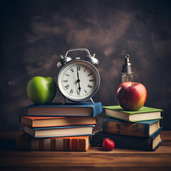 Alarm clock. books and apples on wooden table over dark background