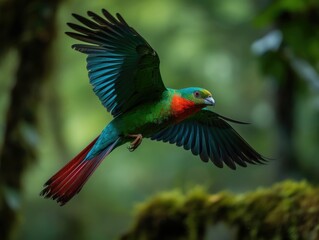Obraz premium Green parrot flying in forest