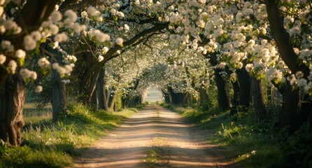 Fototapeta na wymiar Rural path leading through a tunnel of blooming trees, inviting walks under a canopy of flowers.