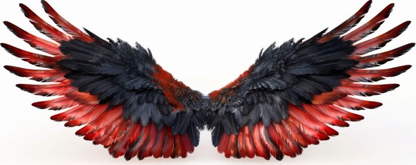 Red and black feathered angel wings isolated on a white background, detailed illustration