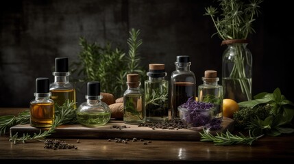 Various glass bottles of essential oils with fresh herbs on wooden table