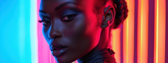  Close-up portrait in black summer fashion, set before an intricate, colorful geometric backdrop, with precise color grading for added drama - obrazy, fototapety, plakaty