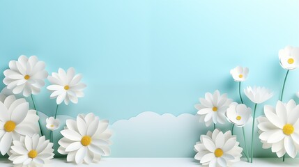 3d banner or background with white daisies flowers in grass and blue sky. Greeting card, invitation template with chamomile flowers. Modern banner poster, sale template background. - obrazy, fototapety, plakaty