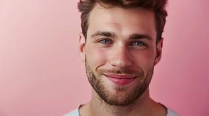 Close-up portrait of a smiling man with blue eyes on a pink background - obrazy, fototapety, plakaty