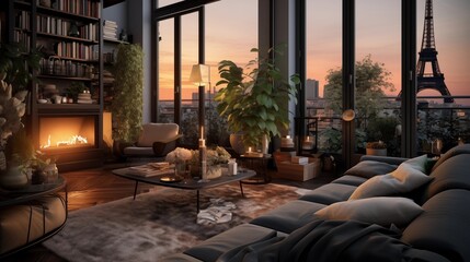 Luxury living room with an Eiffel tower view, Paris, France