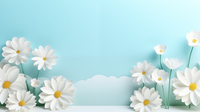 3d banner or background with white daisies flowers in grass and blue sky. Greeting card, invitation template with chamomile flowers. Modern banner poster, sale template background.