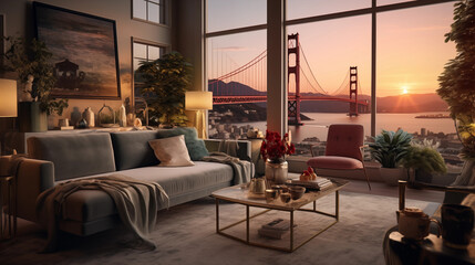 luxury Living room in San Francisco, with a golden gate view