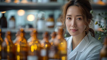 Taiwanese woman scientist in a lab coat in front of bottles with samples for analysis