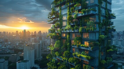Eco-friendly skyline building of apartments. Green and sustainable innovation concept