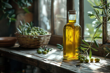 Sunlit olive oil bottle and fresh olives on a rustic table. Generative AI image