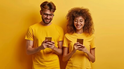 Two people in yellow t-shirts using smartphones on a yellow background. Studio portrait with copy space for design and advertising.