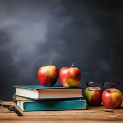 Books. glasses and apples on blackboard background. Back to school concept