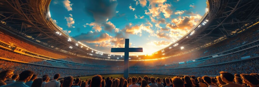 Stadium full of people attending a religious event with a big cross