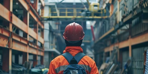 Construction engineer in safety gear supervising building construction at a site from the back. Concept Construction Engineer, Safety Gear, Building Construction, Supervising, Work Site - obrazy, fototapety, plakaty
