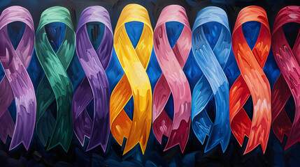 A painting of a row of ribbons in various colors - obrazy, fototapety, plakaty