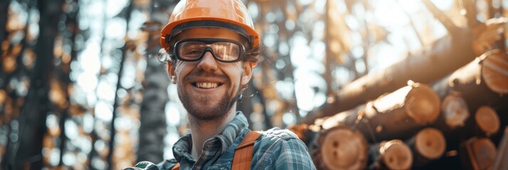 Male lumberjack woodcutter in safety glasses and a helmet with a saw in his hands against the background of a cut tree - Powered by Adobe