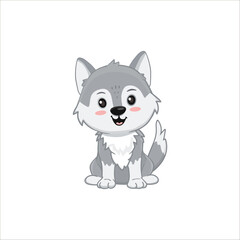 Cute Gray wolf isolated on white. Cartoon character, wolf cub grey. Vector illustration