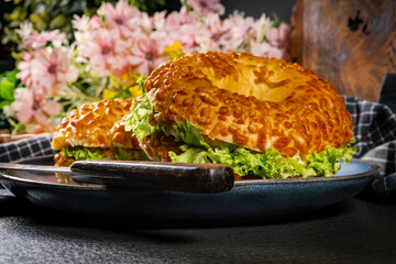 Breakfast sandwich on a bagel.