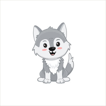 Cute Gray wolf isolated on white. Cartoon character, wolf cub grey. Vector illustration