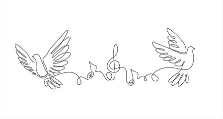 Continuous one line drawing of musical notes and doves