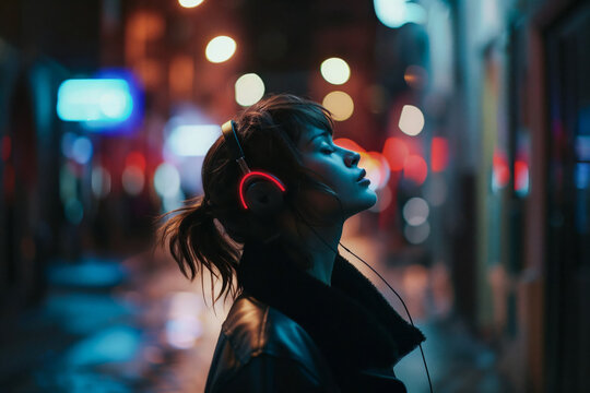 Young woman enjoying music on city street at night. Generative AI image