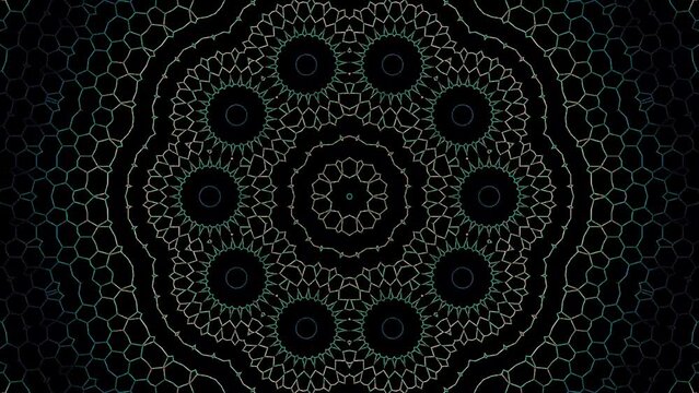 Kaleidoscope pattern with full colors. Magic mandala. 4k 3D Animated digital abstract. Colorful curved and circular lines on black background, seamless loop