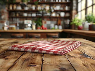 A red and white checkered tablecloth on a rustic wooden kitchen table with blurred background of shelves with dishes and plants