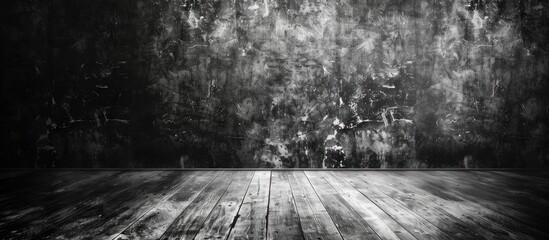 A black and white photo capturing the simplicity of an empty room with a wooden floor, concrete wall, and natural landscape visible through a window - Powered by Adobe