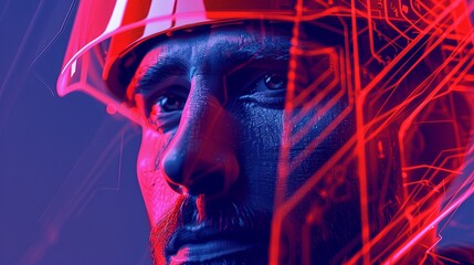 Double exposure combines a man's face and the structures of some kind of construction building. An engineer wearing a construction worker's helmet. Design for cover, poster, brochure or presentation.
