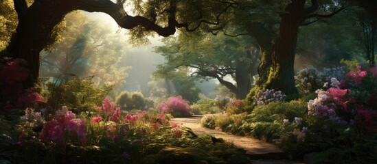 A serene path meanders through a lush forest filled with towering trees, colorful flowers, and...