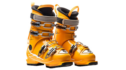 A vibrant pair of yellow ski boots standing out on a pristine white background