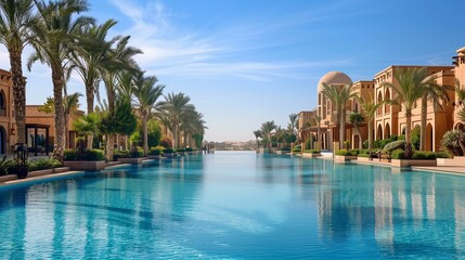 Luxury Resort with Infinity Pool and Palm Trees Overlooking Serene Desert. - obrazy, fototapety, plakaty